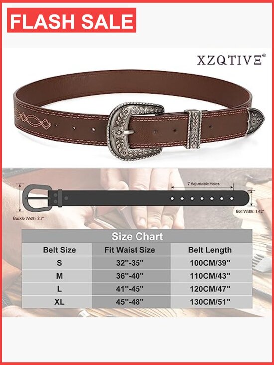 Genuine Leather Vintage Western Belt - Unisex Cowboy Style main image 6